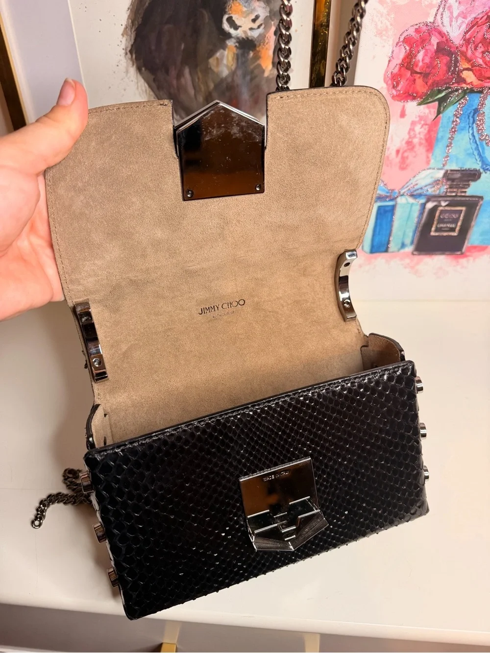 Authentic Jimmy Choo Studded Chain Lockett Bag with Black Snakeskin leather
